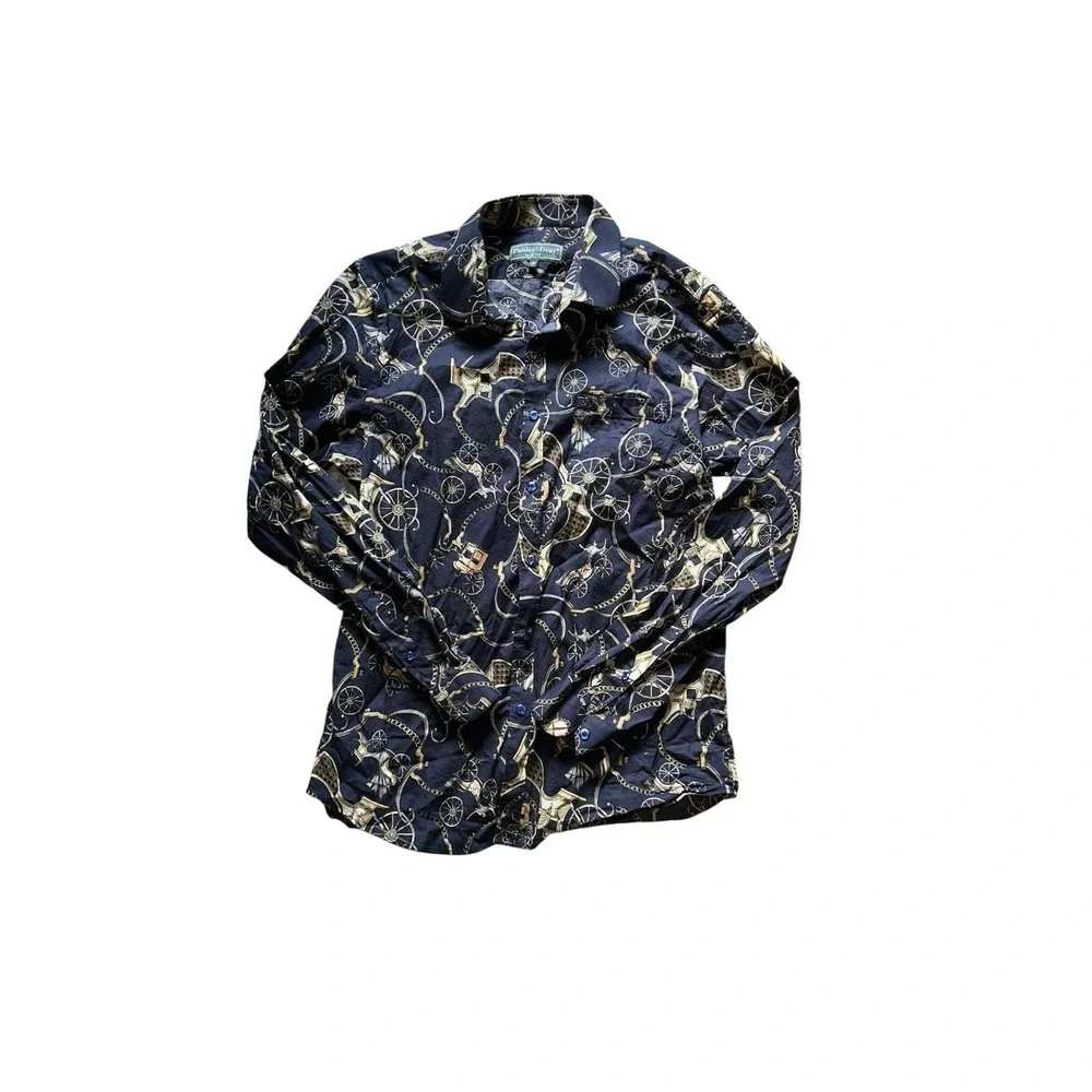 Paisley‎ Gray Mens Shirt Slim L Horse Carriage Old Money Navy Blue Gold